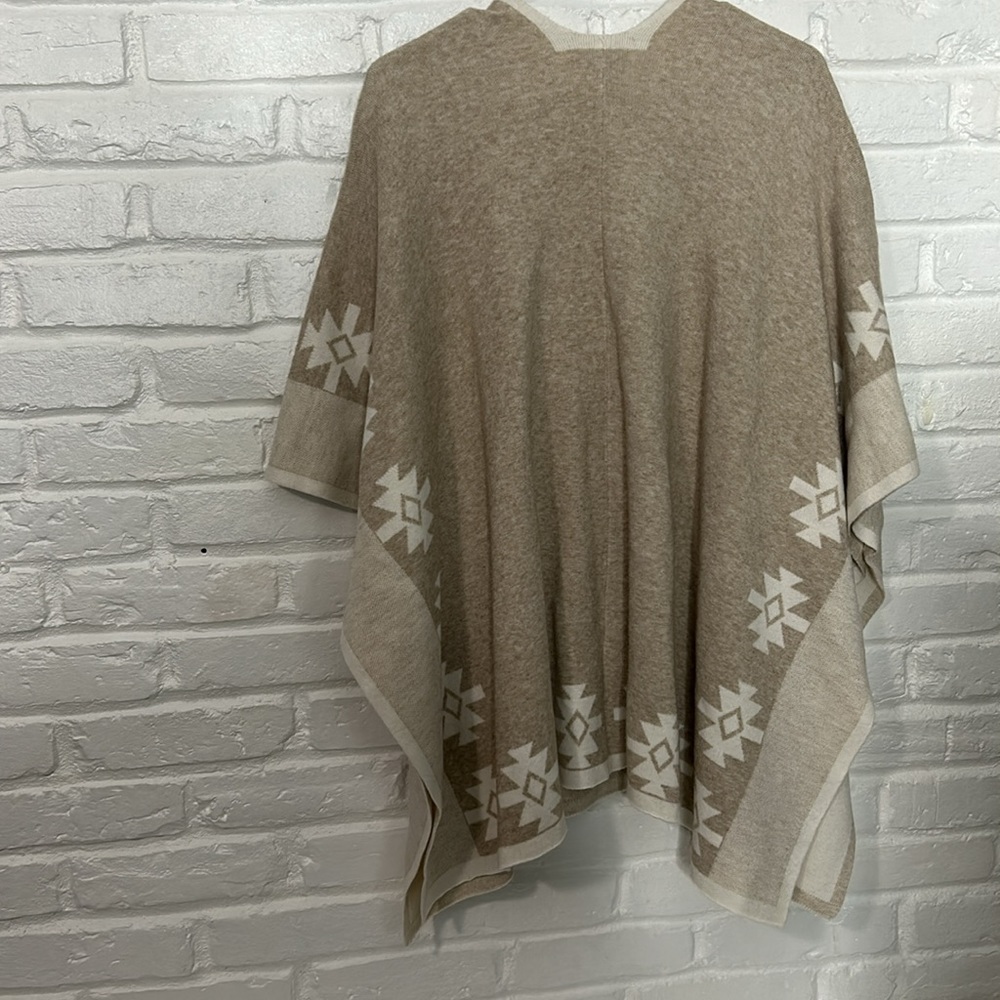 Boho Tribal Poncho Cardigan Women Large Beige Open Front Cozy Wrap Sweater - Picture 7 of 7